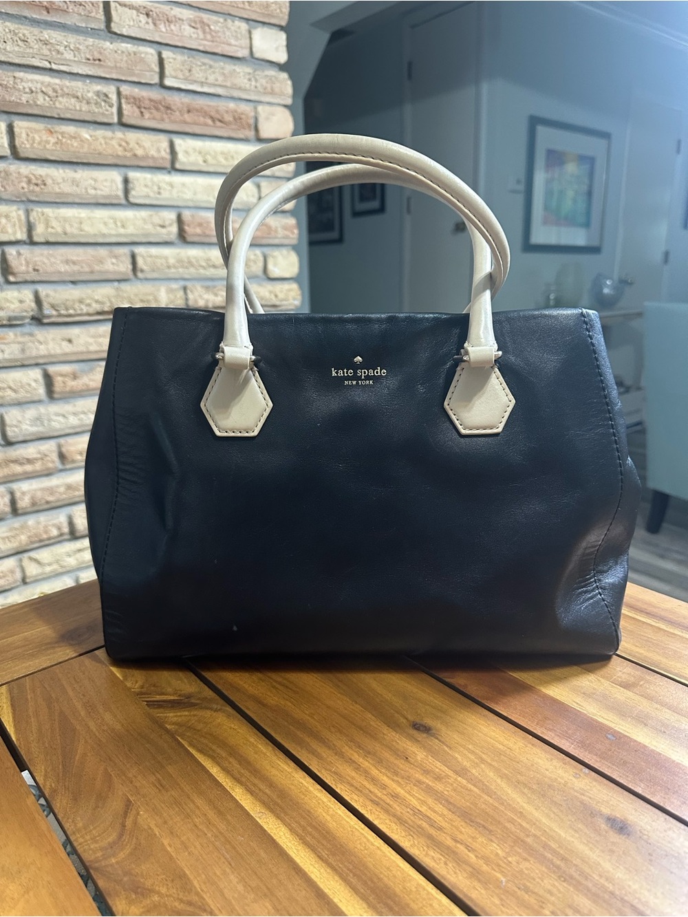 kate spade Black Leather Catherine St Wensley Satchel with Cream Handles